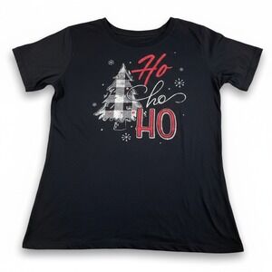 Holiday Time Womens Ho Ho Ho Christmas Tree Graphic T-Shirt Black Size Small 4-6